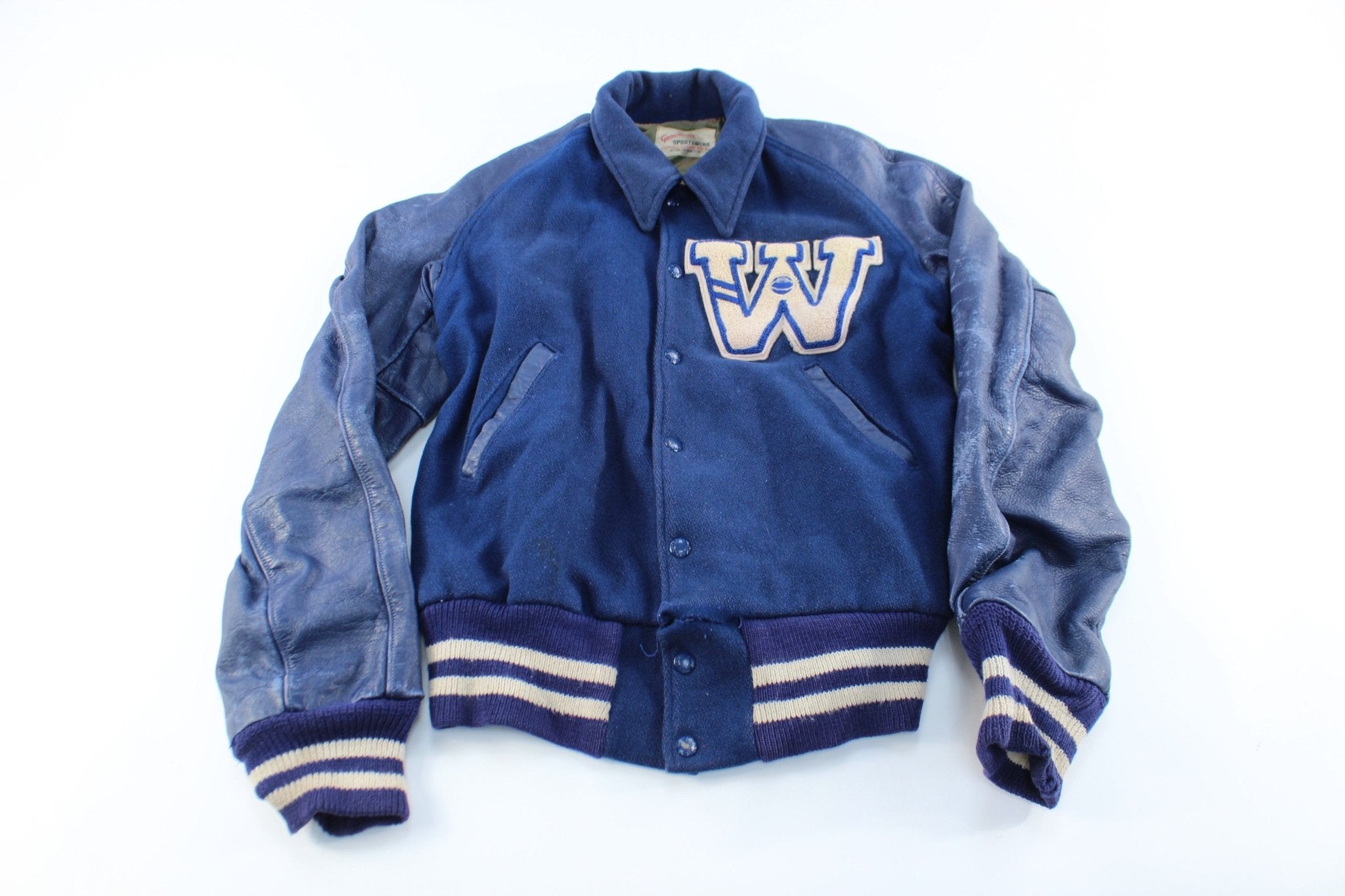 50's Gamemaster Sportswear White & Blue Varsity Jacket - ThriftedThreads.com
