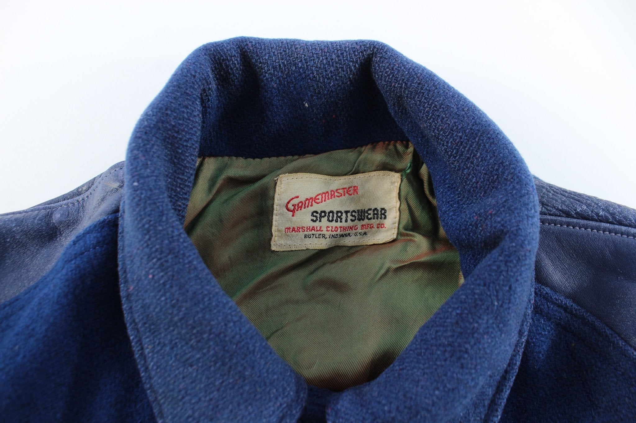 50's Gamemaster Sportswear White & Blue Varsity Jacket - ThriftedThreads.com