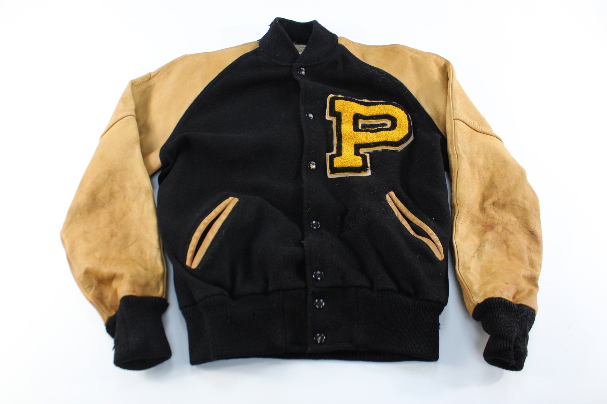 70's Black & Gold Varsity Jacket - ThriftedThreads.com