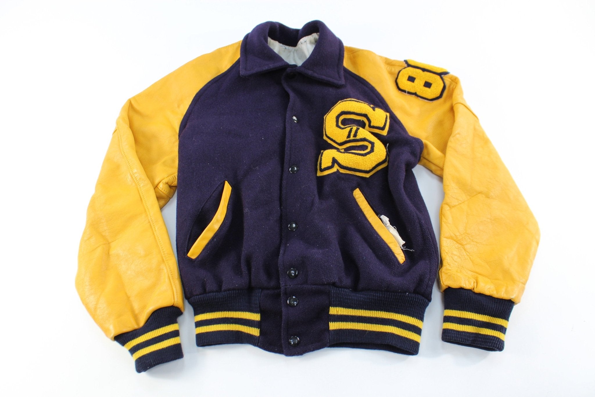 80's Blue & Yellow Varsity Jacket - ThriftedThreads.com