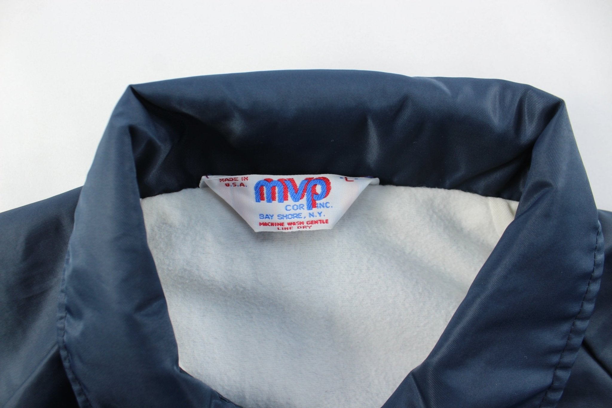 80's Embroidered Navy Bomber Jacket - ThriftedThreads.com