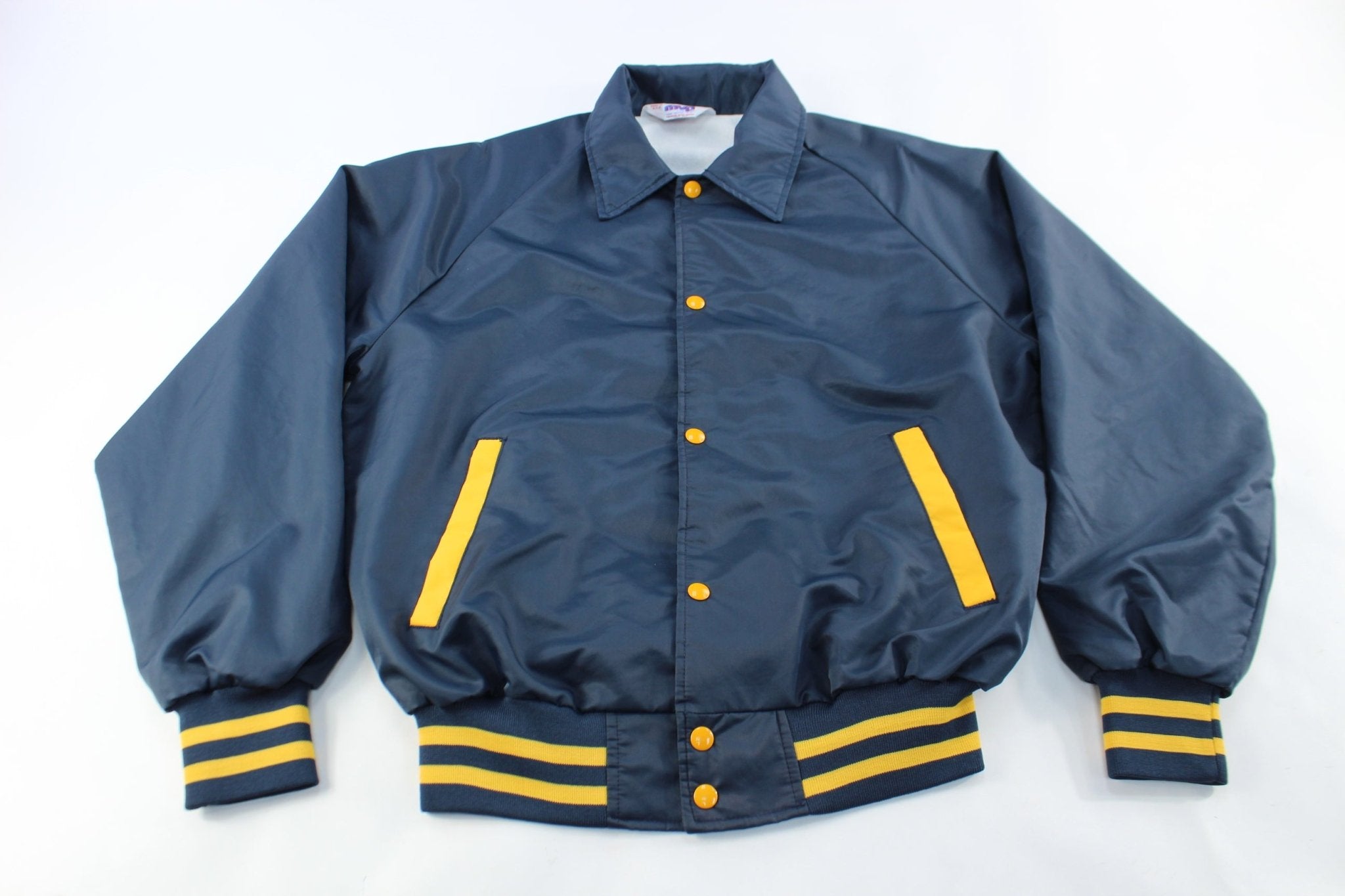 80's Embroidered Navy Bomber Jacket - ThriftedThreads.com