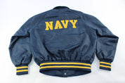 80's Embroidered Navy Bomber Jacket - ThriftedThreads.com