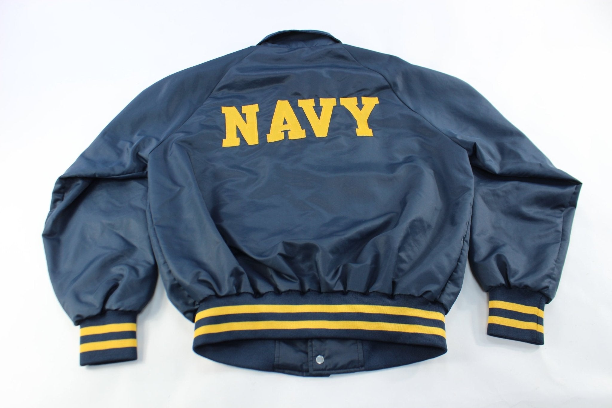 80's Embroidered Navy Bomber Jacket - ThriftedThreads.com