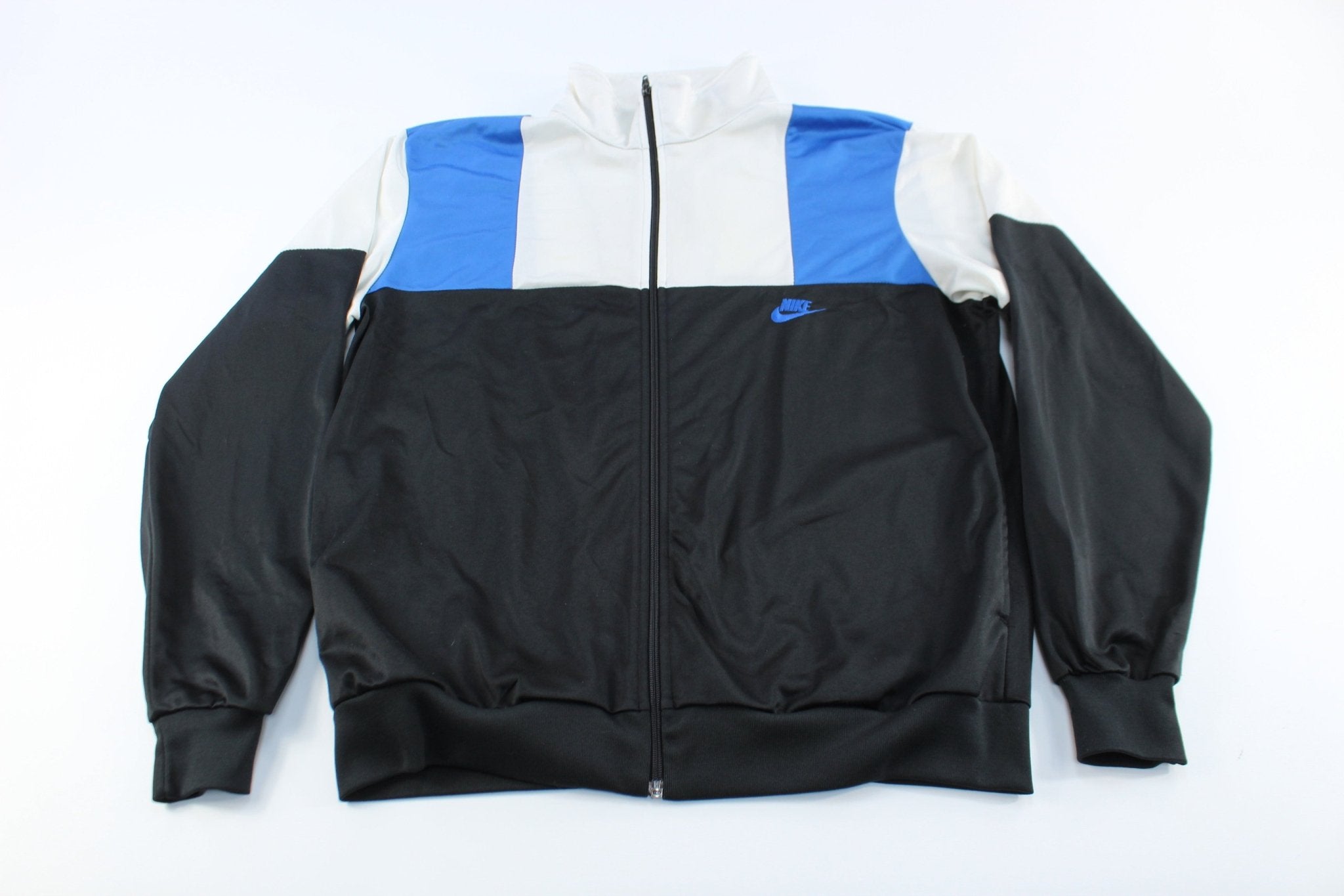 80's Nike Embroidered Logo Black, Blue, & White Zip Up Jacket - ThriftedThreads.com