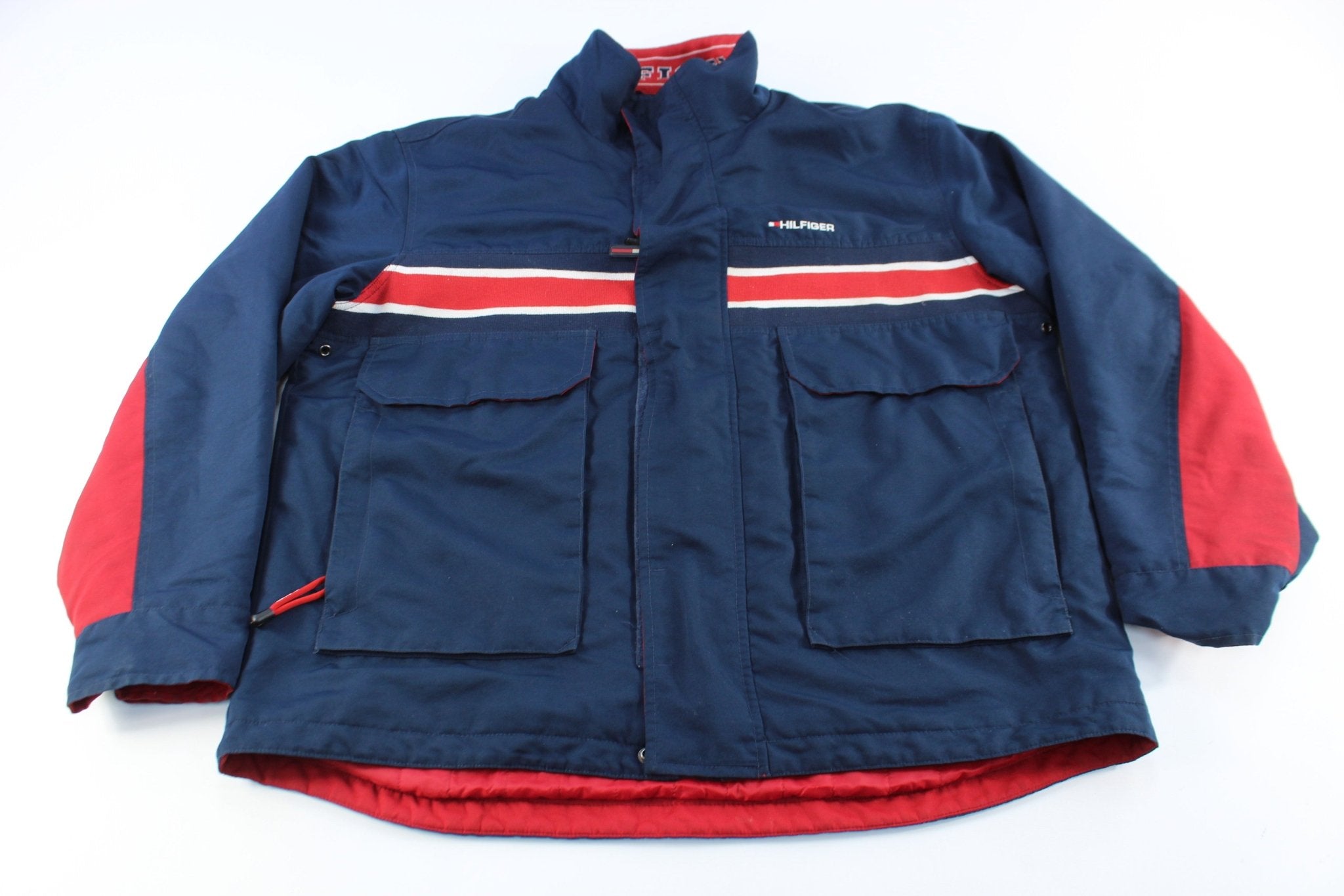 90's Tommy Hilfiger Embroidered Navy Blue & Red Zip Up Jacket - ThriftedThreads.com