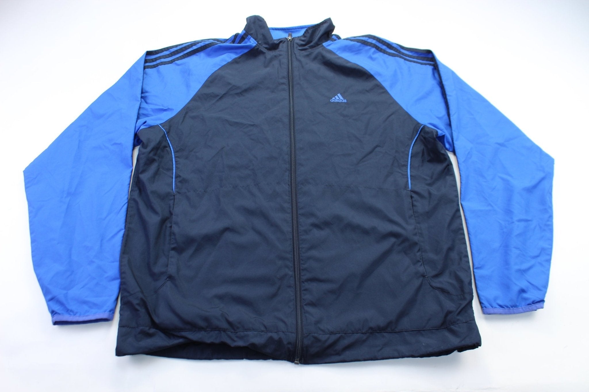Adidas Embroidered Logo Black & Blue Striped Jacket - Jacket - Thrifted Threads