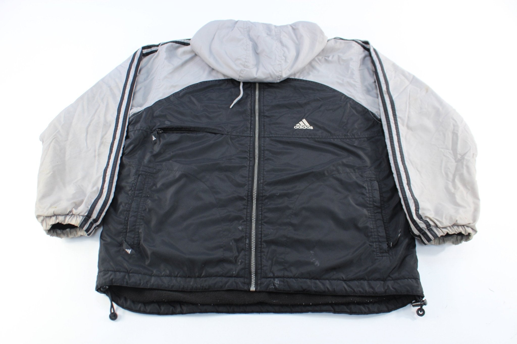 Adidas Embroidered Logo Black & Grey Striped Zip Up Jacket - ThriftedThreads.com