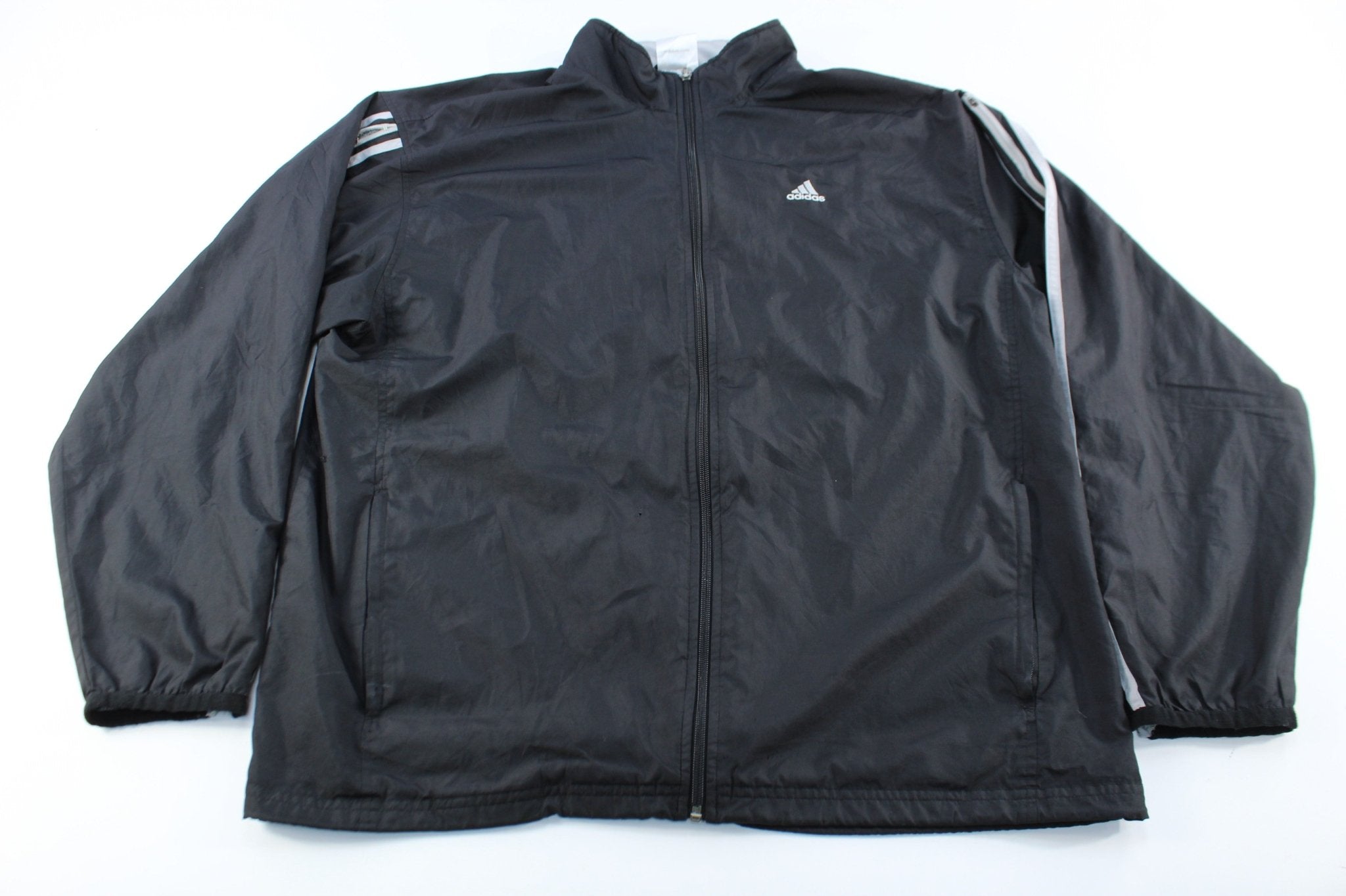 Adidas Embroidered Logo Black & Silver Striped Zip Up Jacket - ThriftedThreads.com