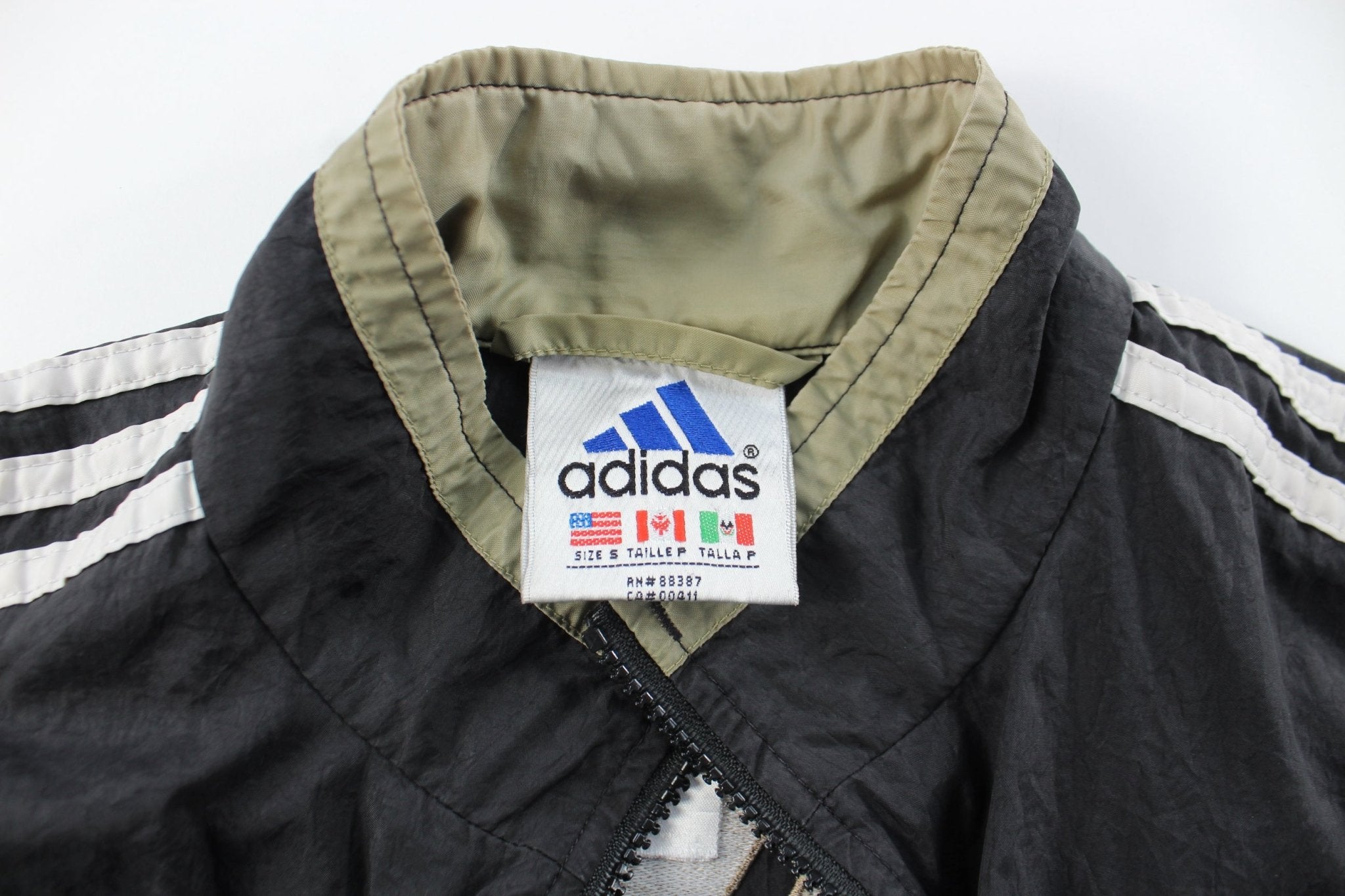 Adidas Embroidered Logo Black & Tan Striped Zip Up Jacket - ThriftedThreads.com