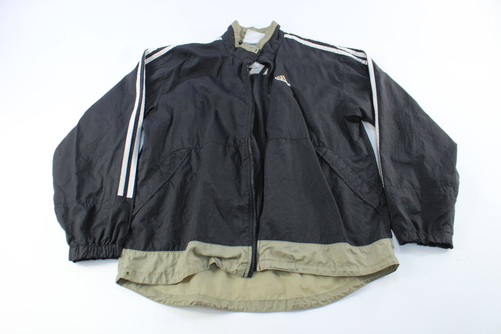 Adidas Embroidered Logo Black & Tan Striped Zip Up Jacket - ThriftedThreads.com