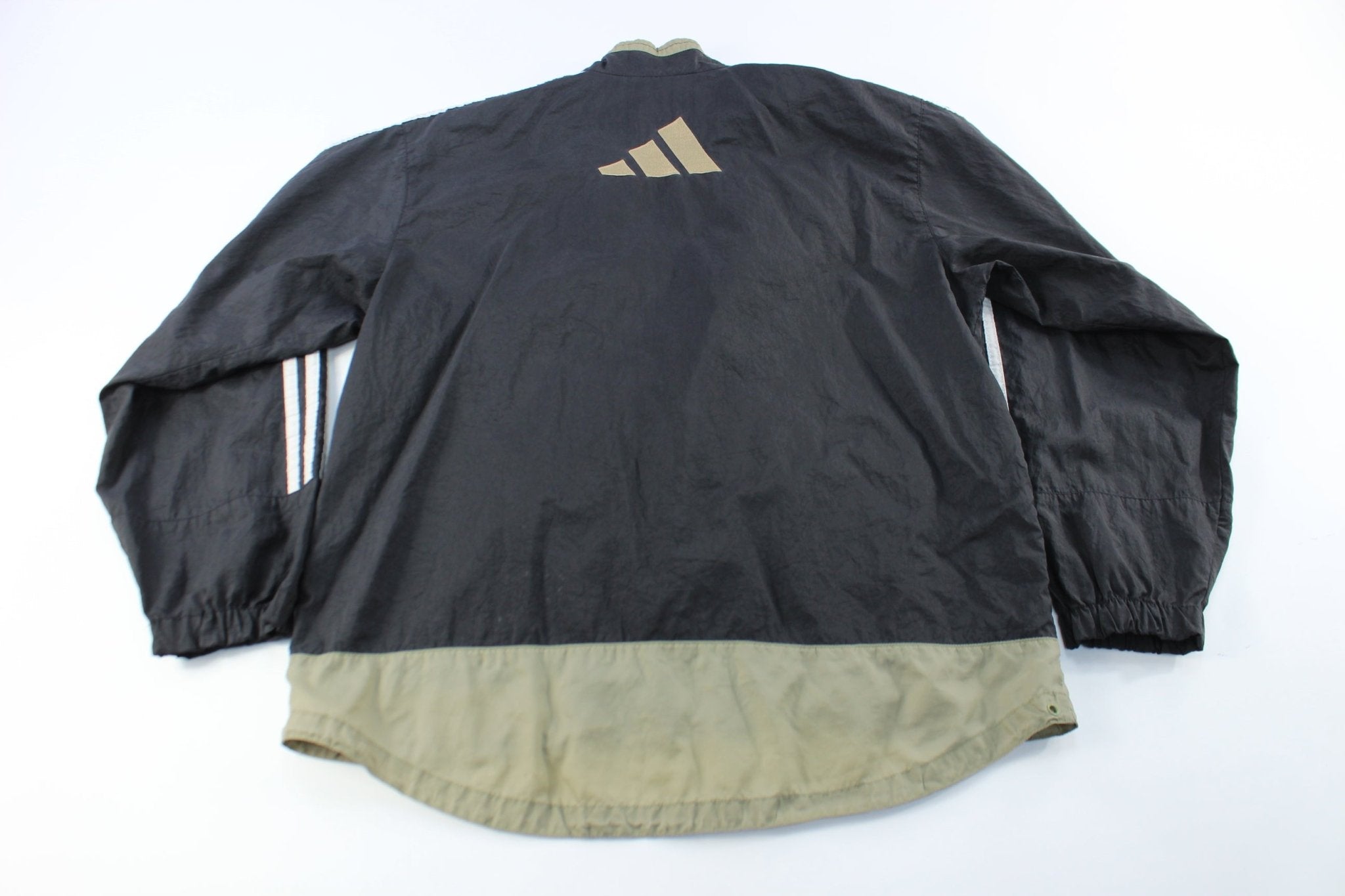 Adidas Embroidered Logo Black & Tan Striped Zip Up Jacket - ThriftedThreads.com