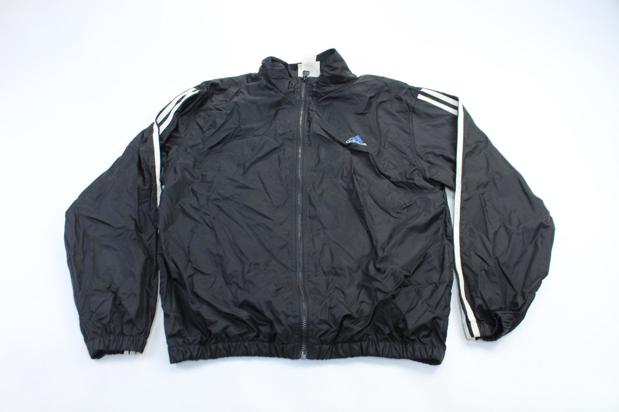 Adidas Embroidered Logo Black& White Striped Zip Up Jacket - ThriftedThreads.com