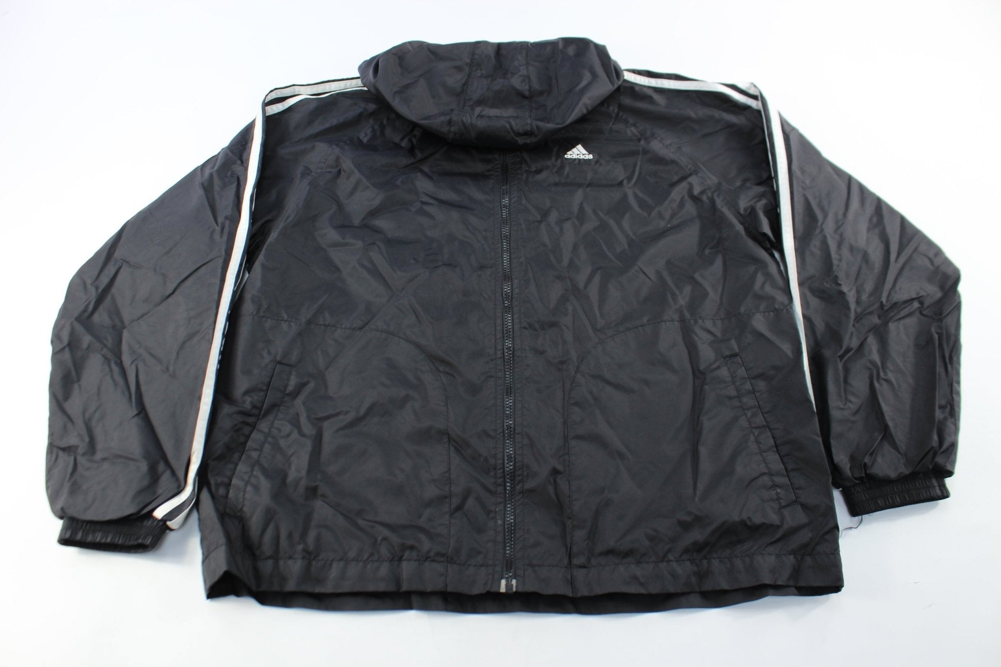 Adidas Embroidered Logo Black & White Striped Zip Up Jacket - Jackets - Thrifted Threads