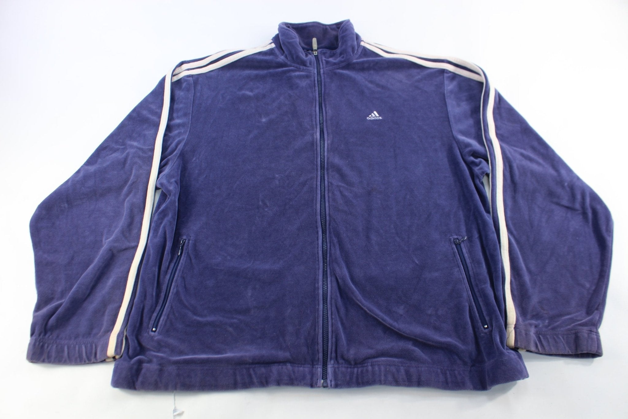Adidas Embroidered Logo Blue Striped Zip Up Jacket - Jackets - Thrifted Threads