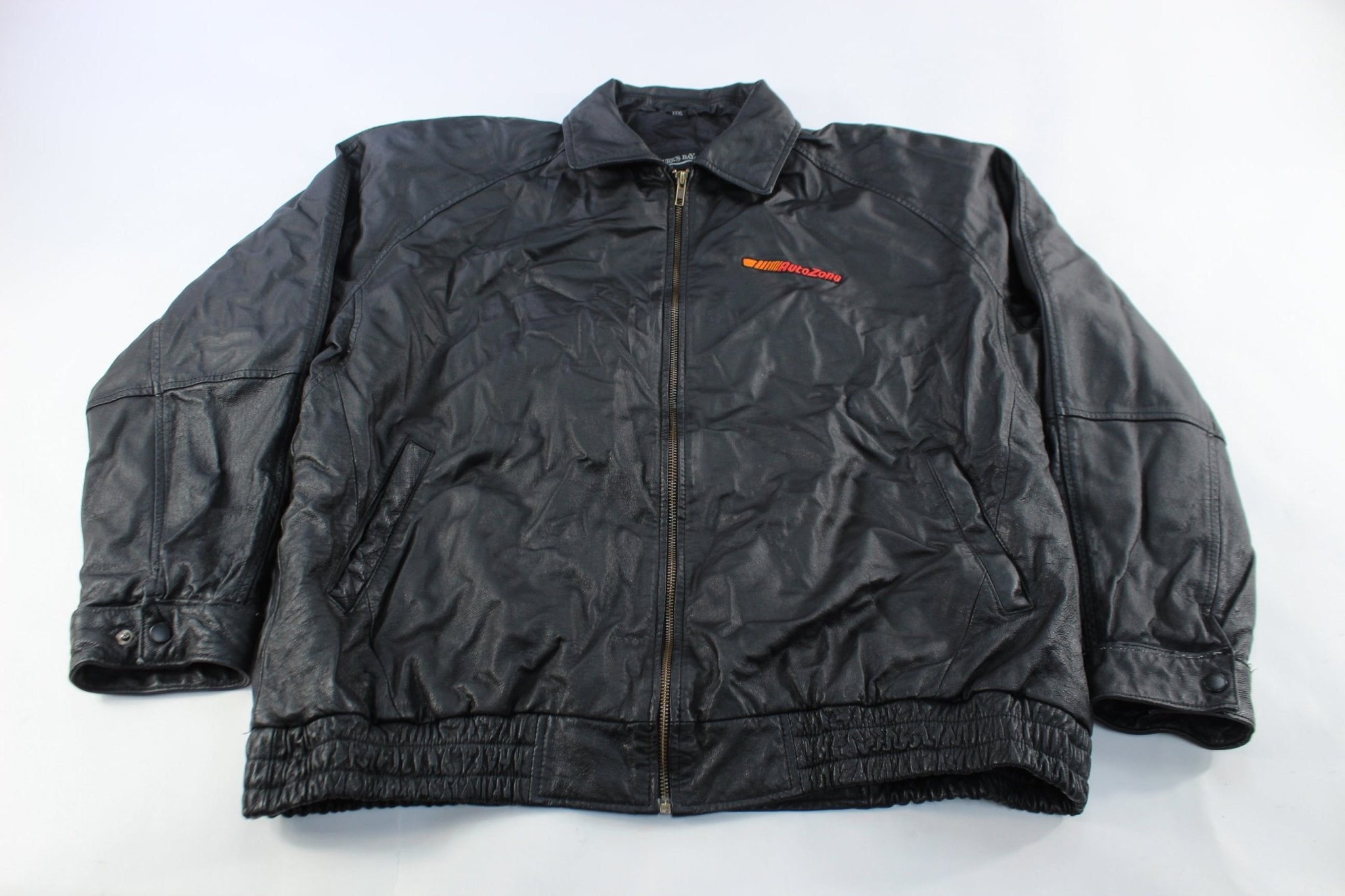 AutoZone Embroidered Black Leather Zip Up Jacket - ThriftedThreads.com