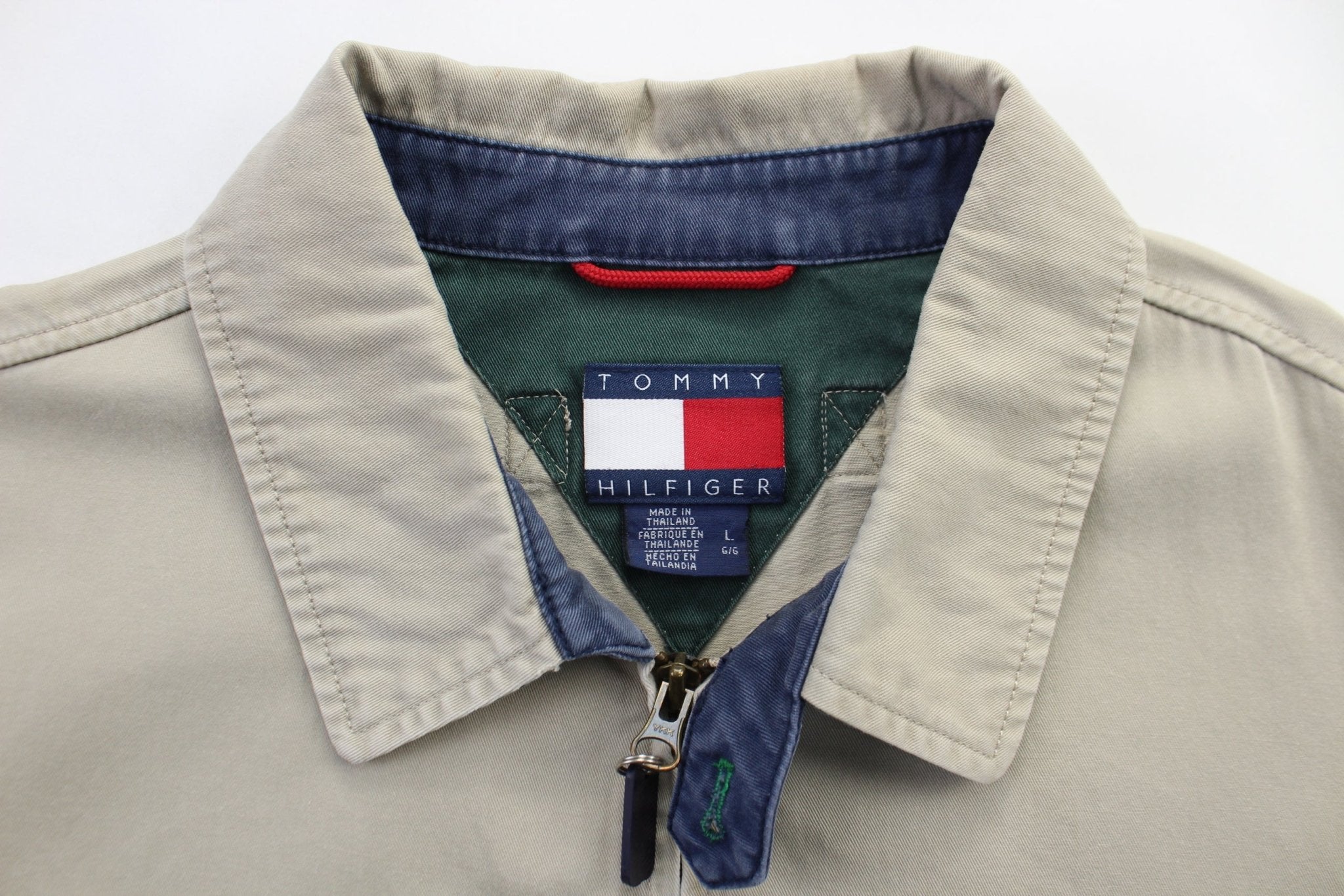 Tommy Hilfiger Embroidered Logo Beige Zip Up Jacket - ThriftedThreads.com