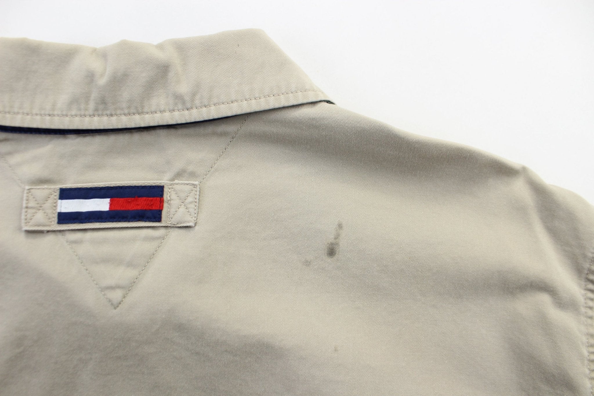 Tommy Hilfiger Embroidered Logo Beige Zip Up Jacket - ThriftedThreads.com