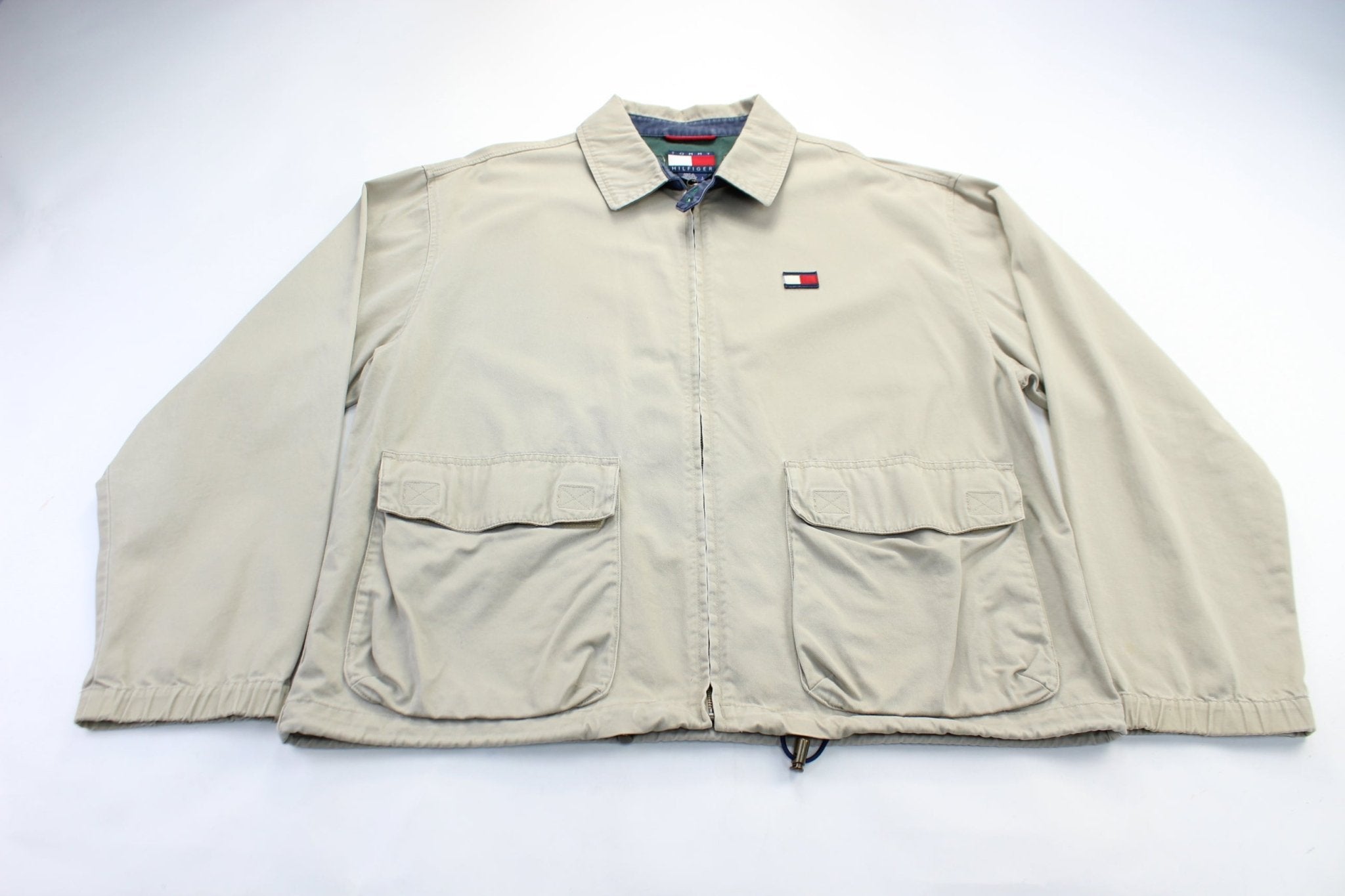 Tommy Hilfiger Embroidered Logo Beige Zip Up Jacket - ThriftedThreads.com