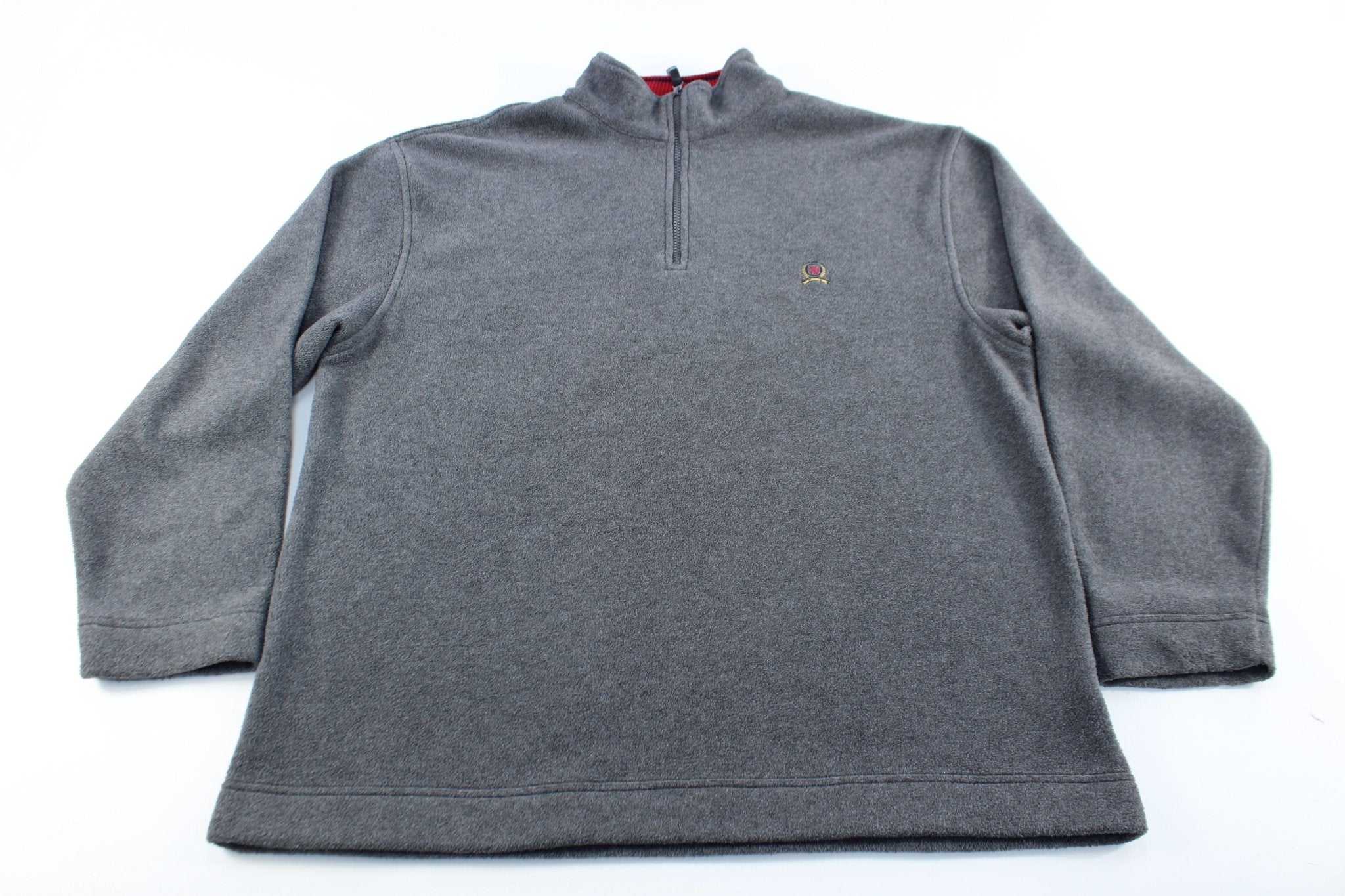 Tommy Hilfiger Embroidered Logo Grey Fleece Pullover Jacket - ThriftedThreads.com