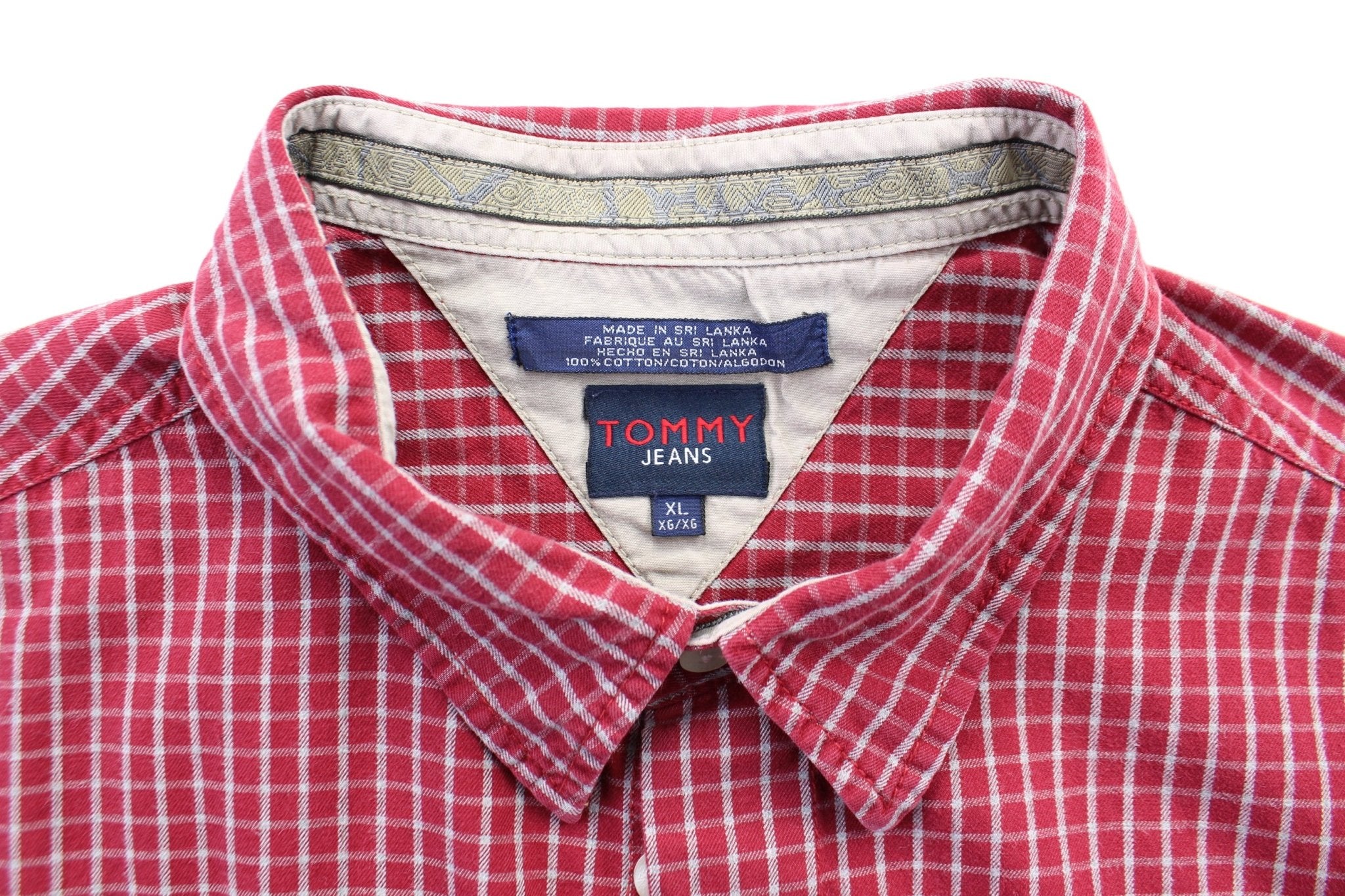 Tommy Jeans Embroidered Logo Plaid Button Down - ThriftedThreads.com