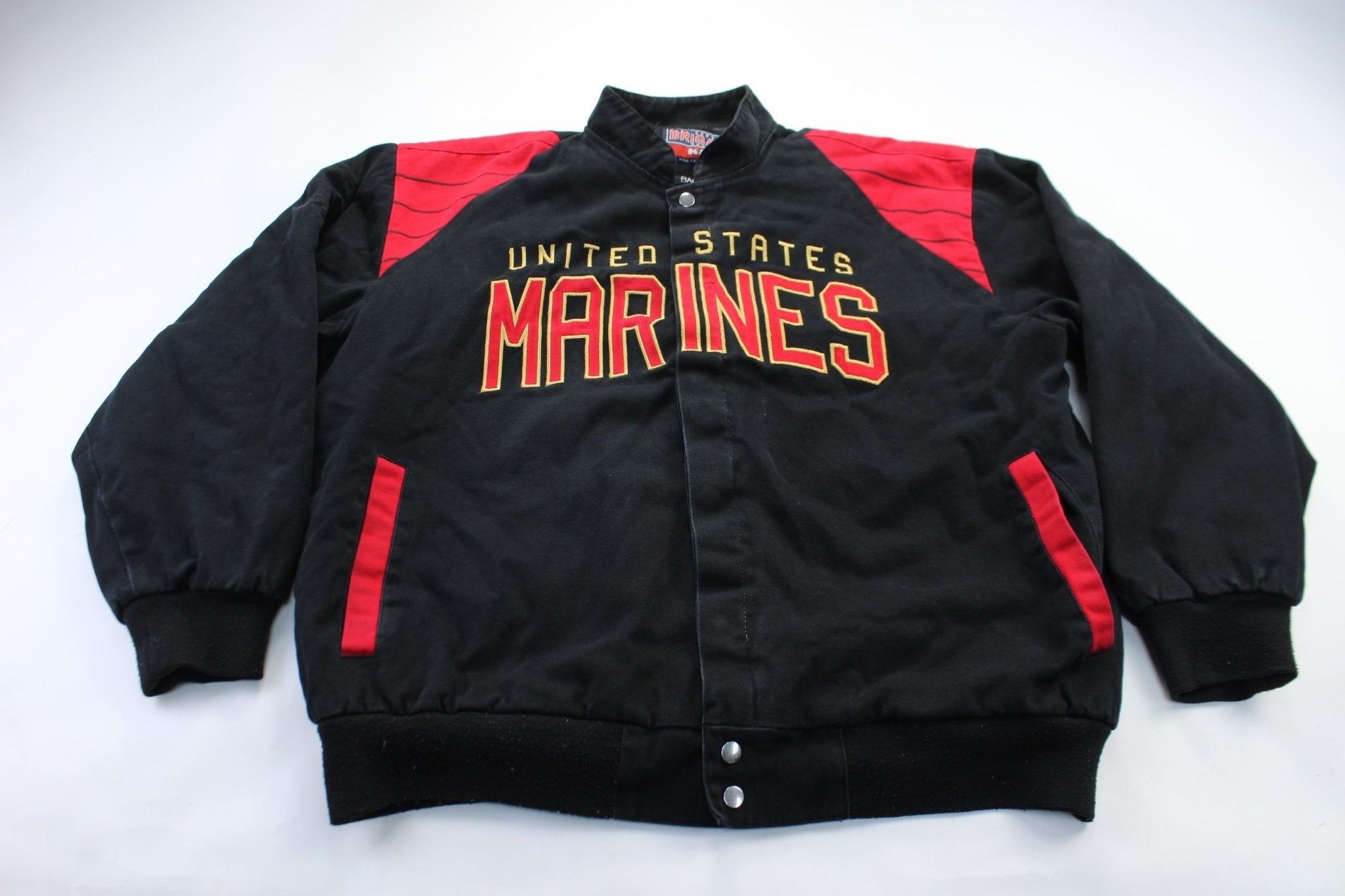 United States Marines Embroidered Black & Red Bomber Jacket - ThriftedThreads.com