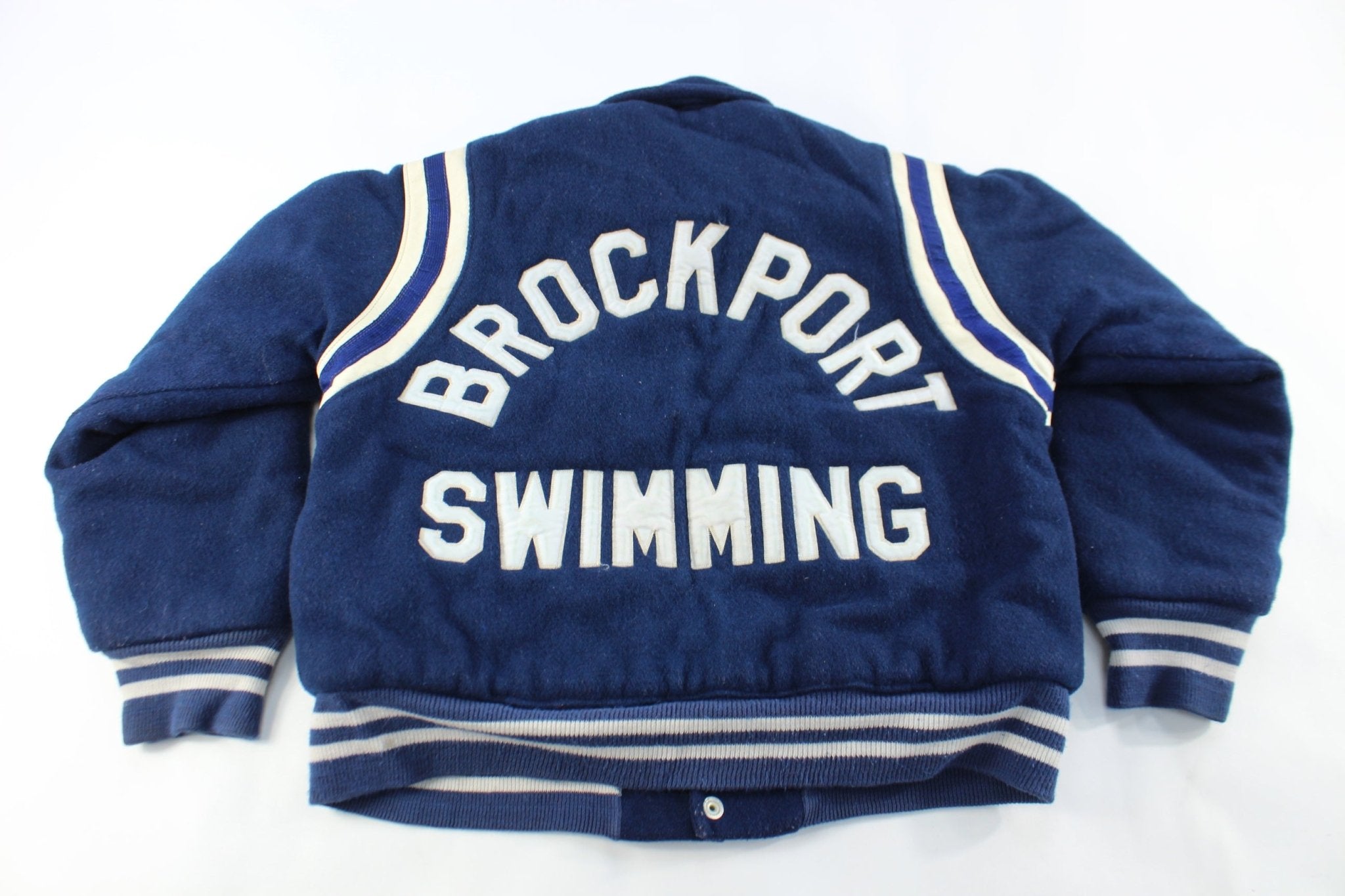 Vintage 60's Brockport Swimming Navy Blue & White Varsity Jacket - ThriftedThreads.com