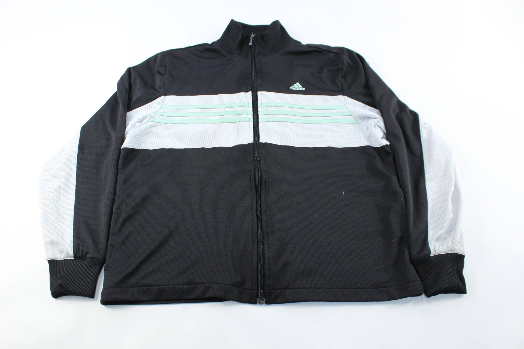 Women's Adidas Embroidered Logo Black & White Striped Jacket - ThriftedThreads.com