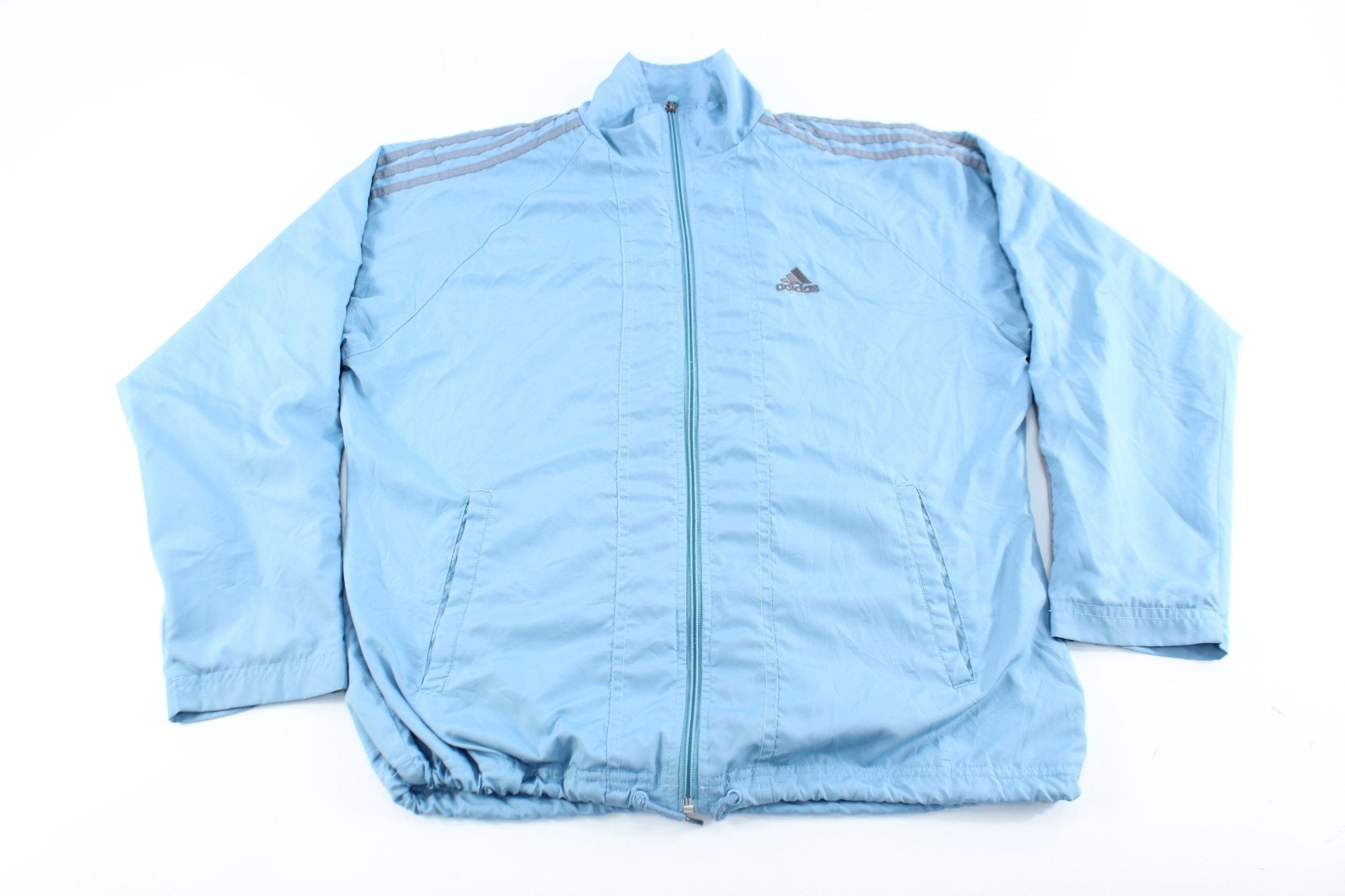 Women's Adidas Embroidered Logo Light Blue & Grey Striped Jacket - Jackets - Thrifted Threads