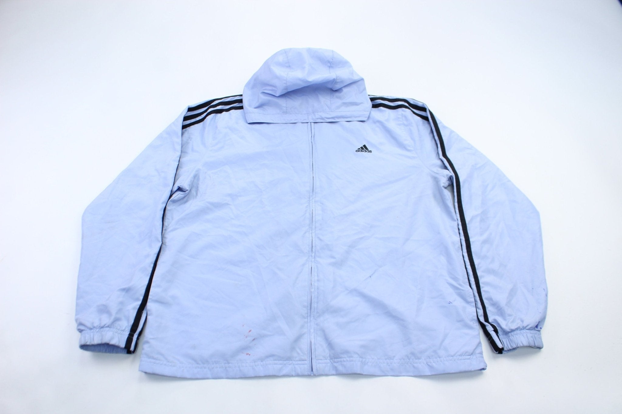 Women's Adidas Embroidered Logo Light Purple & Black Striped Jacket - ThriftedThreads.com