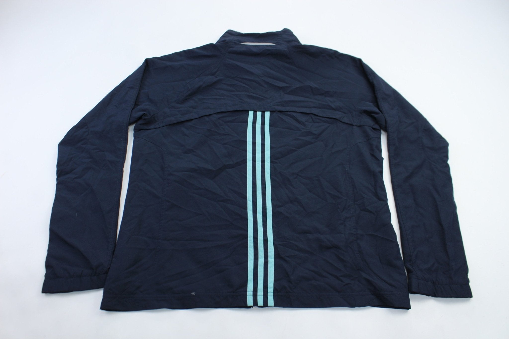 Women's Adidas Embroidered Logo Navy Blue & Light Blue Striped Jacket - ThriftedThreads.com