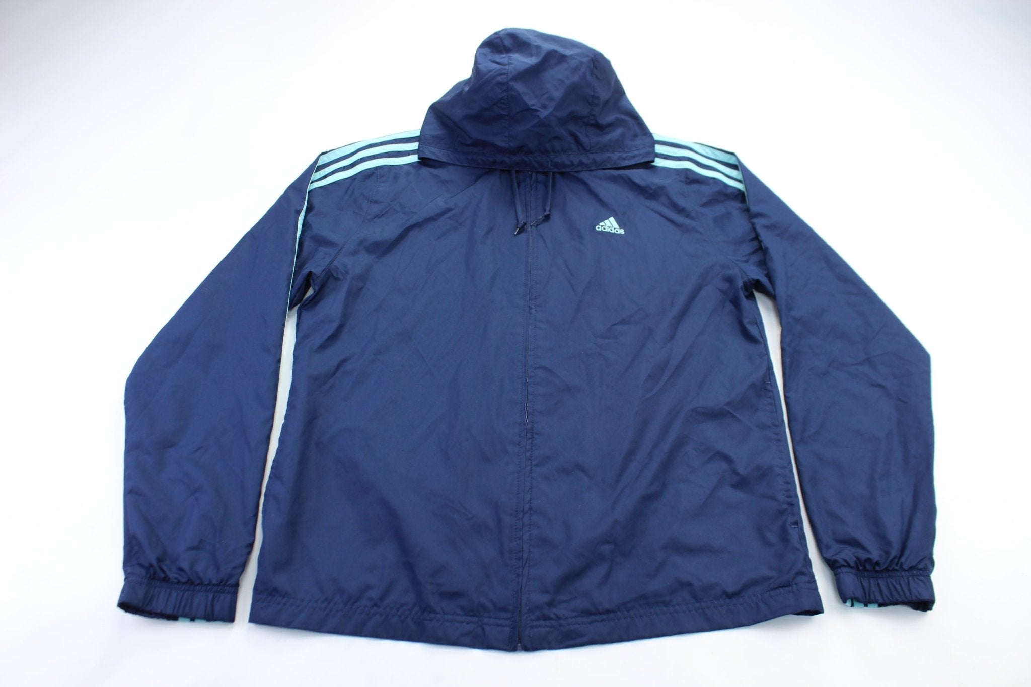 Women's Adidas Embroidered Logo Navy Blue & Teal Striped Jacket - ThriftedThreads.com