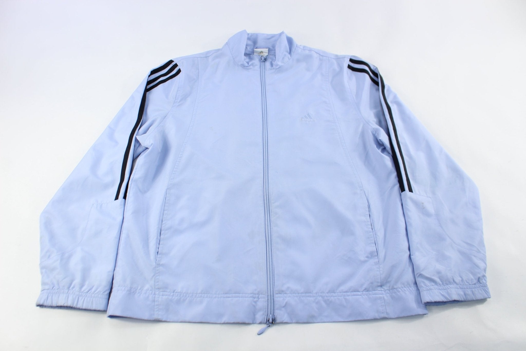 Women's Adidas Embroidered Logo Purple & Black Striped Jacket - ThriftedThreads.com