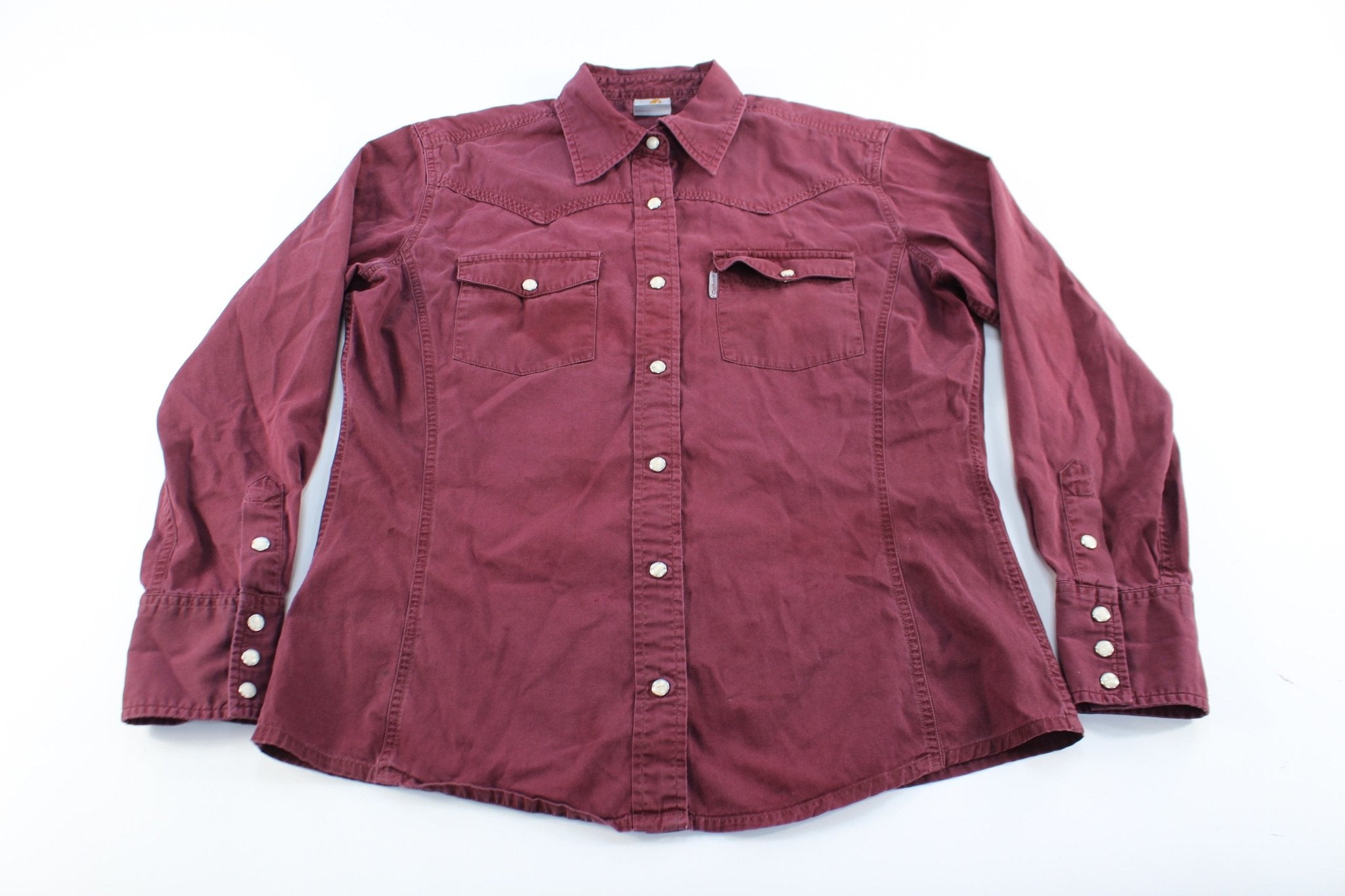 Women's Carhartt Pearl Snap Burgundy Button Down - ThriftedThreads.com