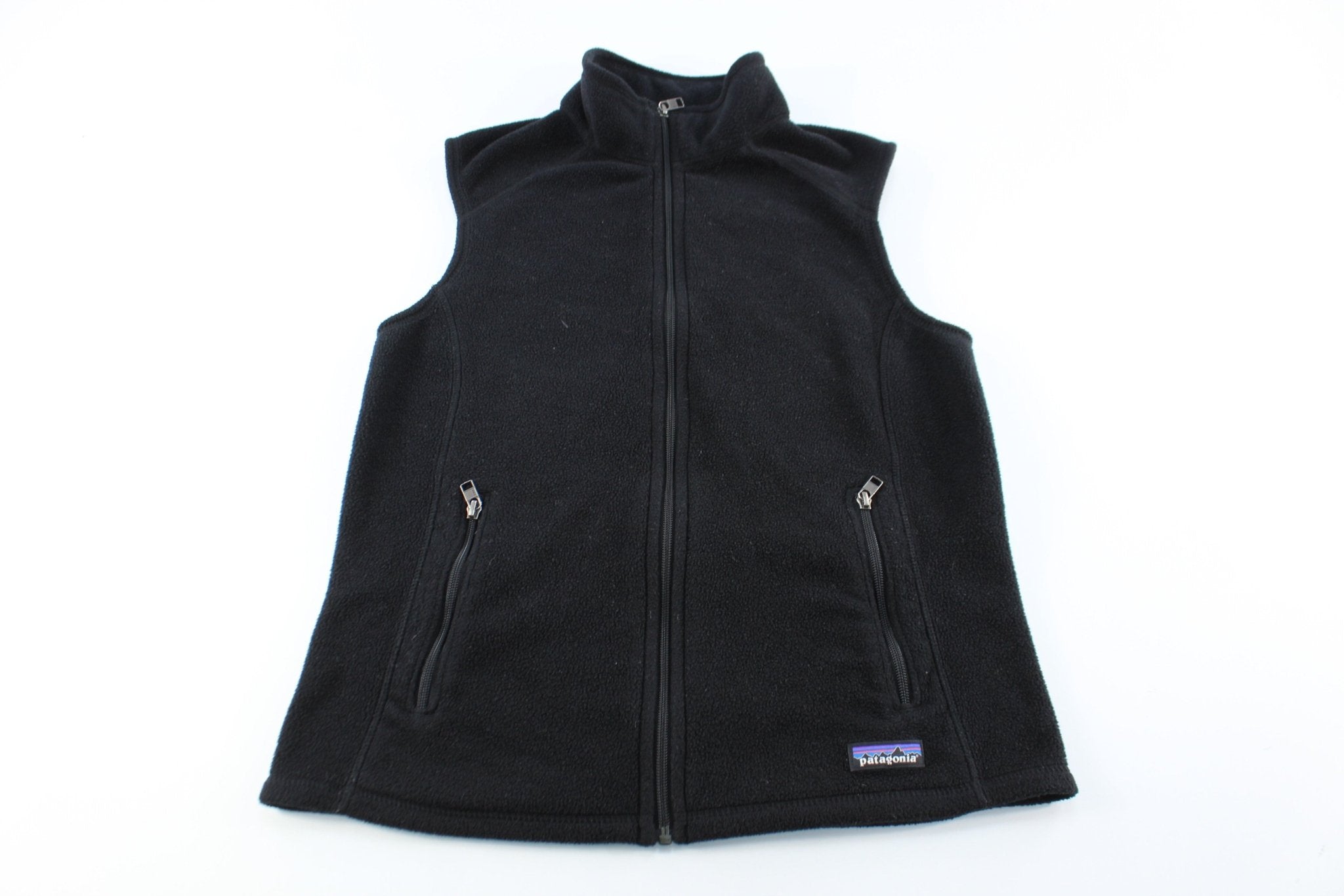 Women's Patagonia Synchilla Logo Patch Black Zip Up Vest - ThriftedThreads.com