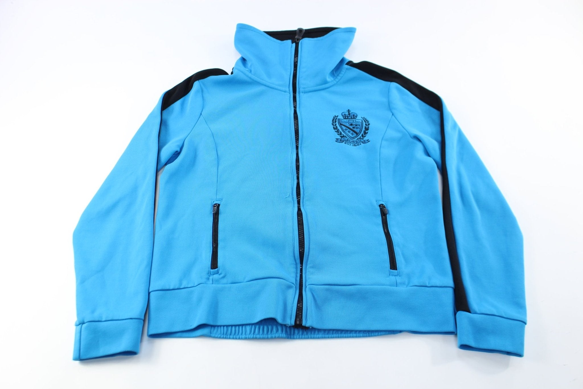 Women's Ralph Lauren Embroidered Logo Blue & Black Zip Up Jacket - ThriftedThreads.com