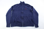Women's Ralph Lauren Embroidered Logo Navy Blue Zip Up Sweater - ThriftedThreads.com