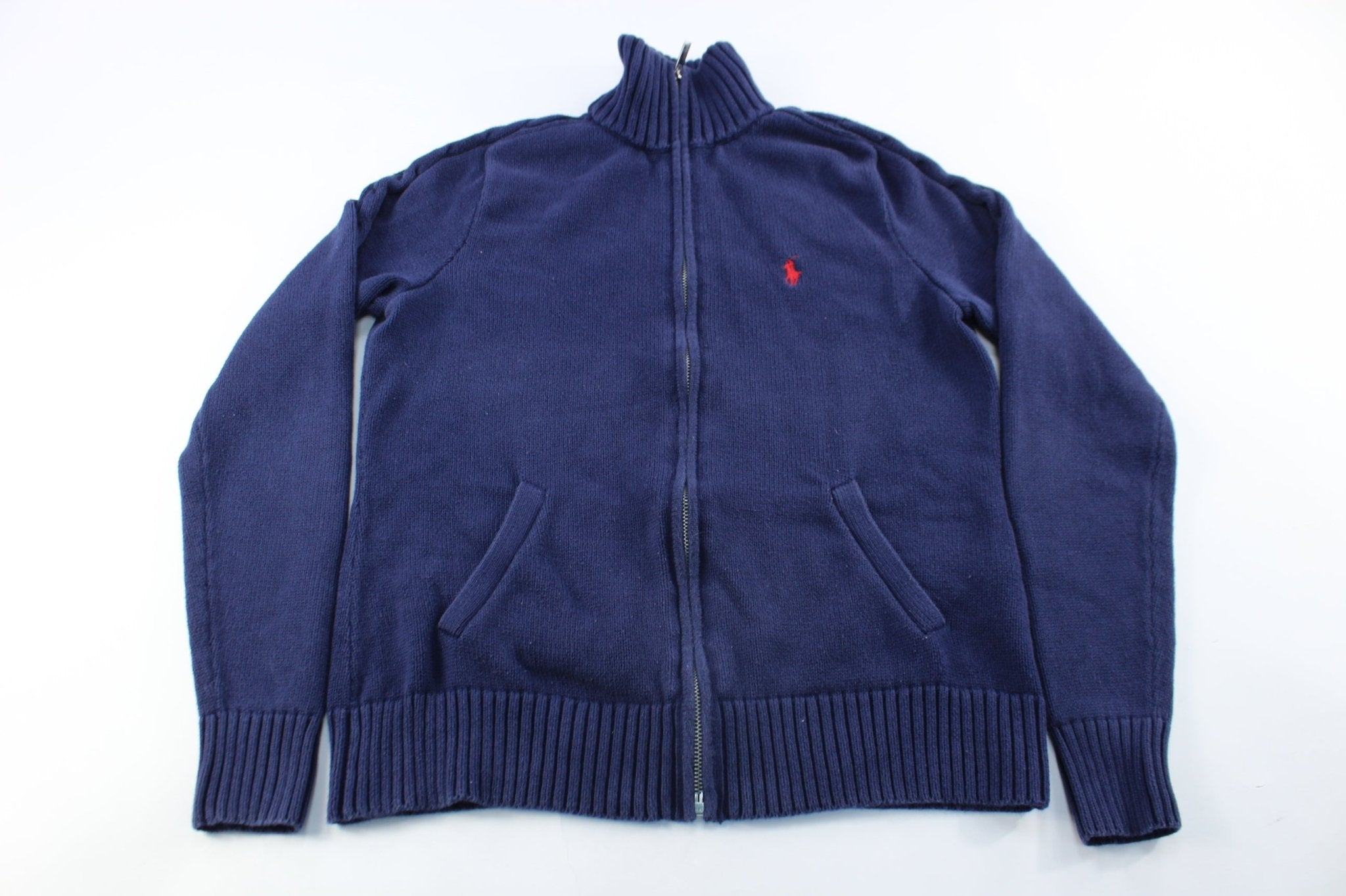 Women's Ralph Lauren Embroidered Logo Navy Blue Zip Up Sweater - ThriftedThreads.com