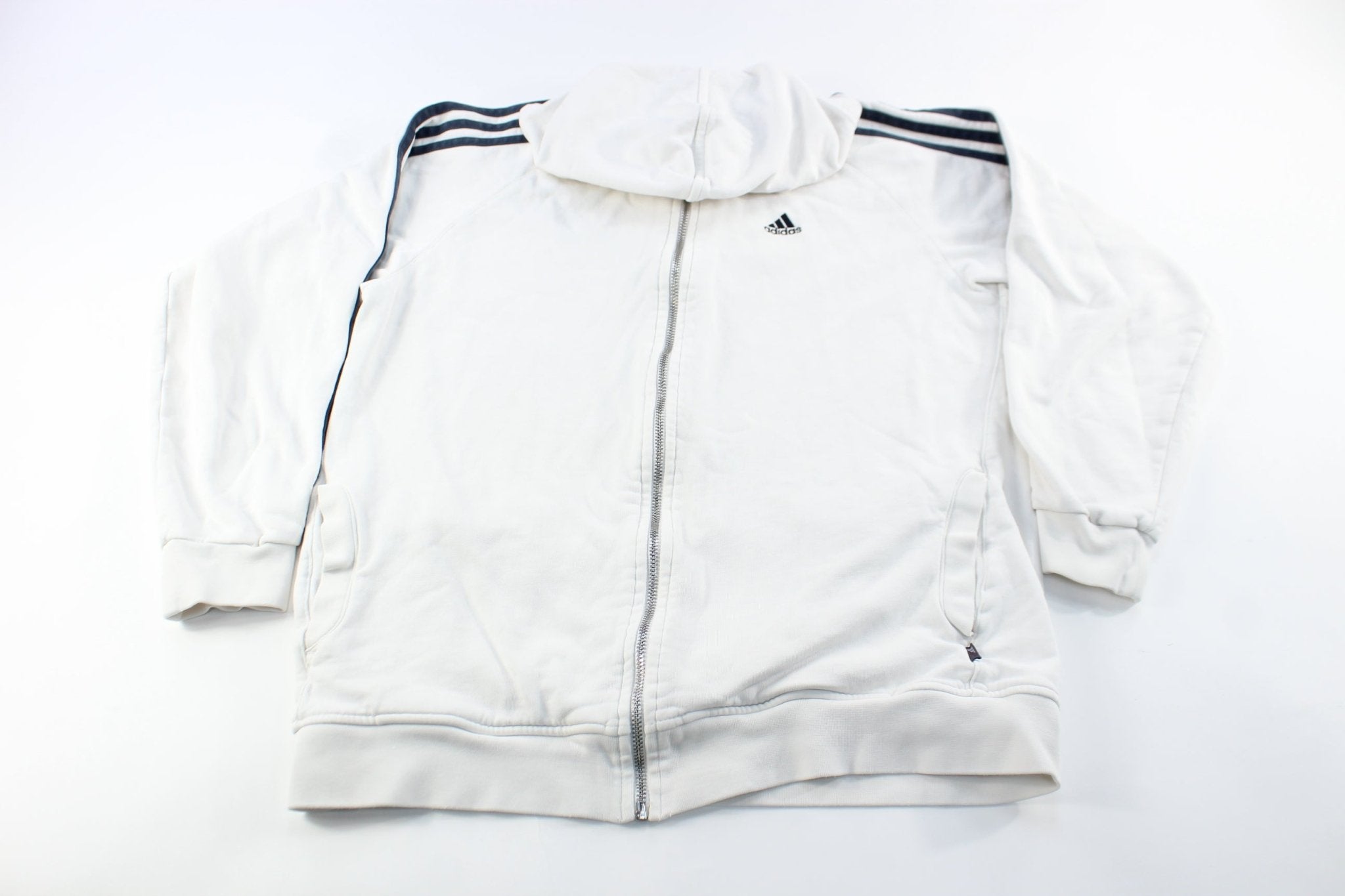 Youth Adidas Embroidered Logo White & Black Striped Zip Up Jacket - ThriftedThreads.com