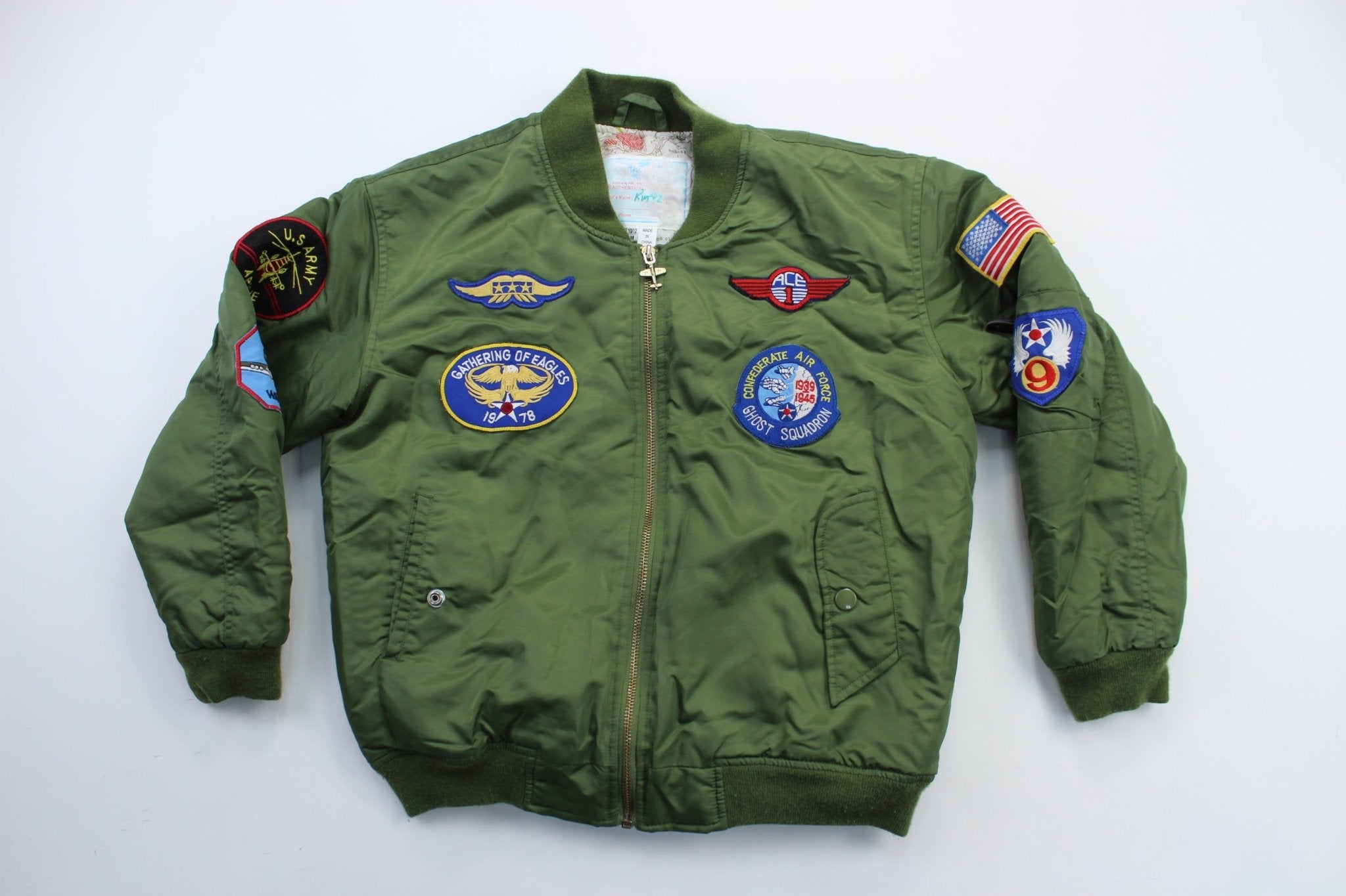 Youth Olive Green Aviation Bomber Jacket - ThriftedThreads.com